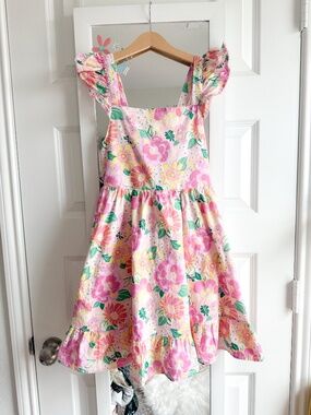 Haute Hippie Kids Size 12 Pink Floral Ruffle Flutter Sleeve Tiered Dress